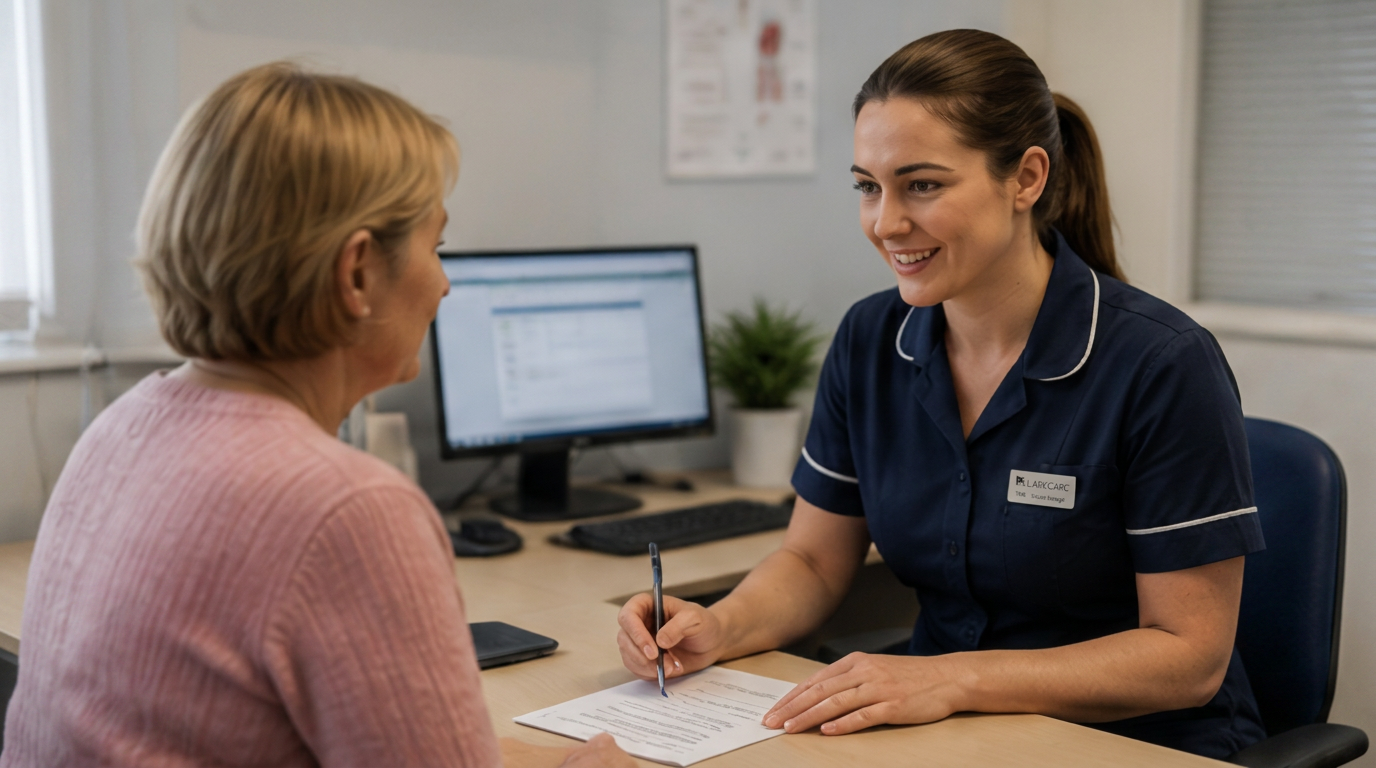 Patient discussing preparation for knee replacement with a clinician.
