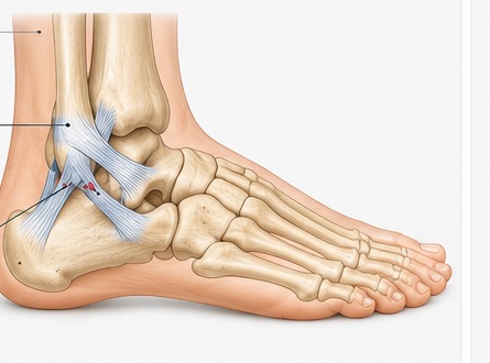 Anatomical illustration of the outside of the ankle showing the anterior talofibular, calcaneofibular and posterior talofibular ligaments.