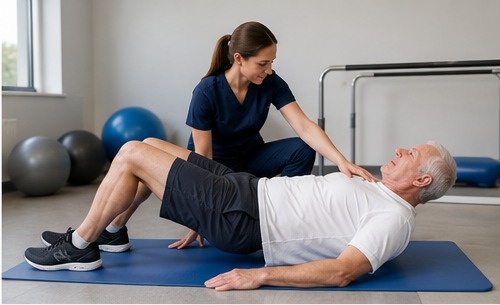 A physiotherapist guiding an older man through a bridging exercise on a mat in a rehabilitation gym.