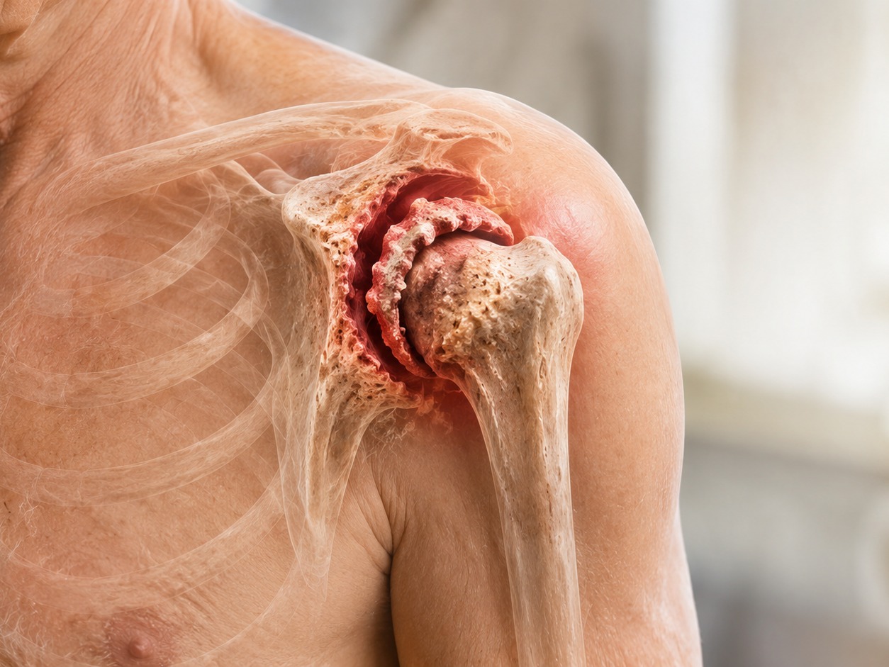 Anatomical overlay of an older adult's shoulder with the arthritic joint surfaces highlighted in red.