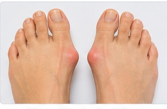 Two feet side by side, one showing a mild bunion and the other a more severe deformity.