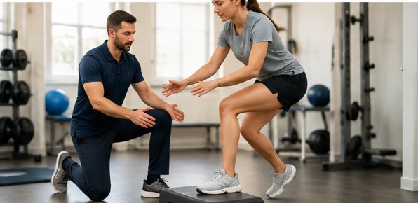 A physiotherapist supervising a patient performing a single-leg step-down exercise in a gym.