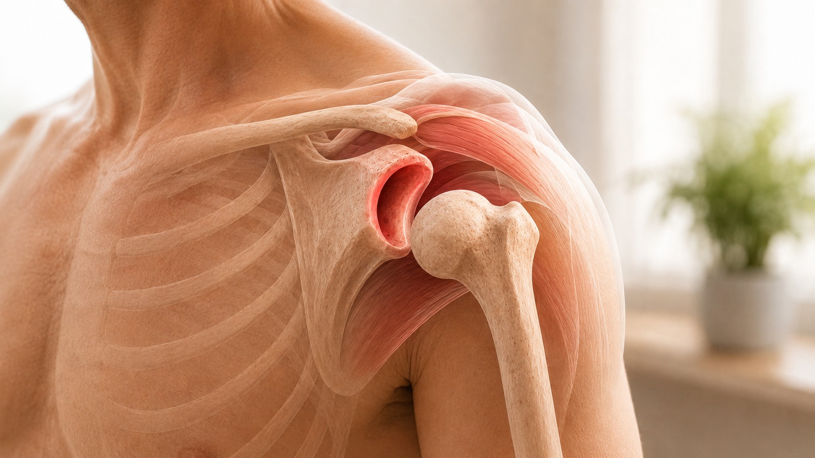 Anatomical illustration of the shoulder showing the ball sitting in the shallow glenoid socket, with the joint and surrounding tissues highlighted in red.