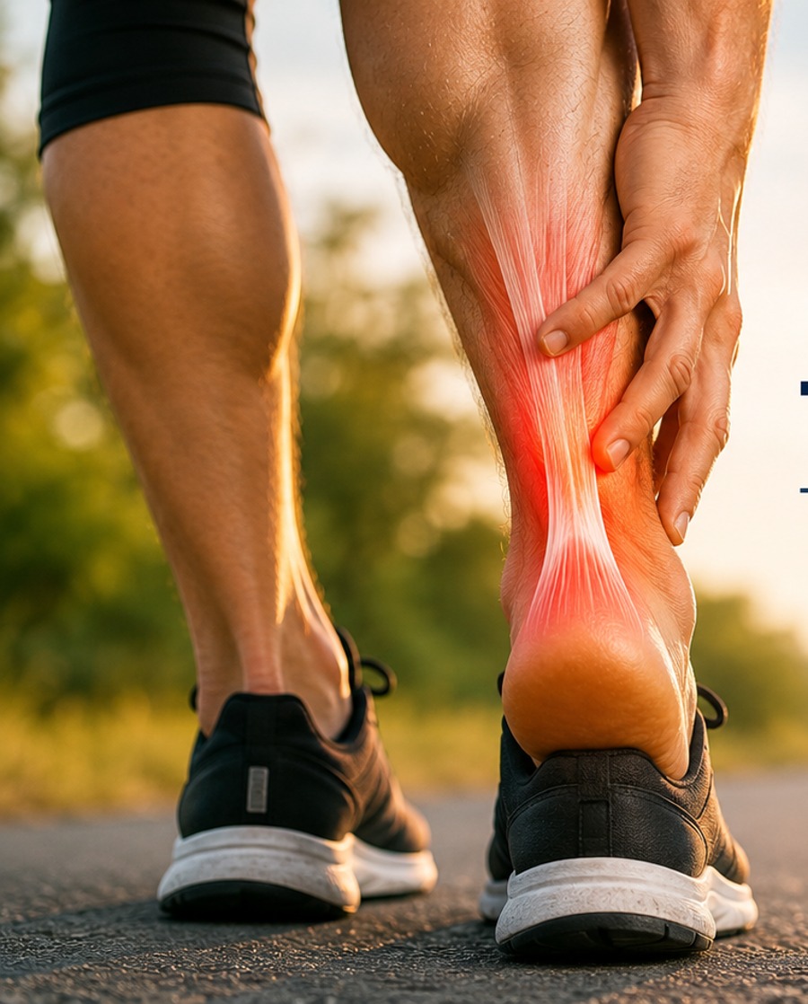 A runner holding the back of their heel with the Achilles tendon highlighted in red, illustrating Achilles tendinopathy.