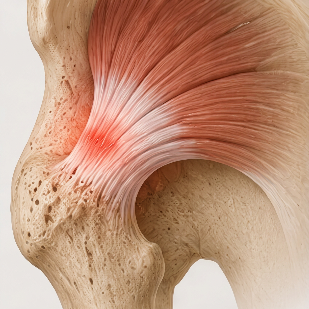 Gluteal tendon irritation at the greater trochanter shown on an anatomical illustration.