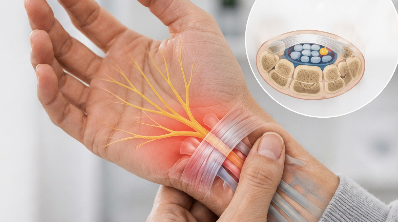 Hand and wrist with the median nerve highlighted in red as it passes through the carpal tunnel.