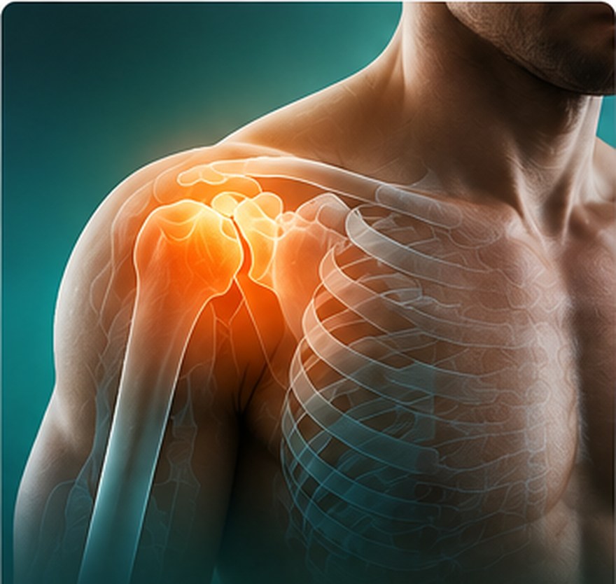 Anatomical illustration of the shoulder with the joint highlighted