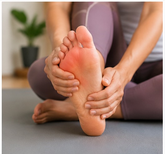 A person sitting on a mat massaging the reddened ball of their foot.