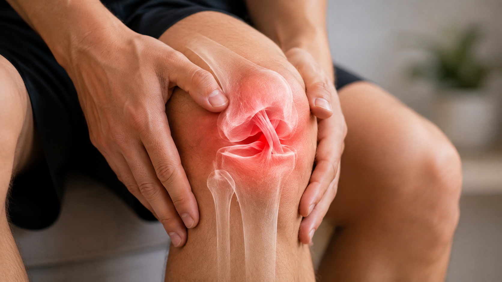 Person holding their knee with the knee joint and cruciate ligaments highlighted in red.