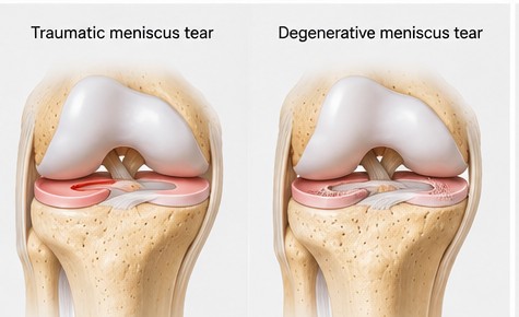 Side-by-side illustrations comparing a traumatic meniscus tear with a degenerative meniscus tear inside the knee.