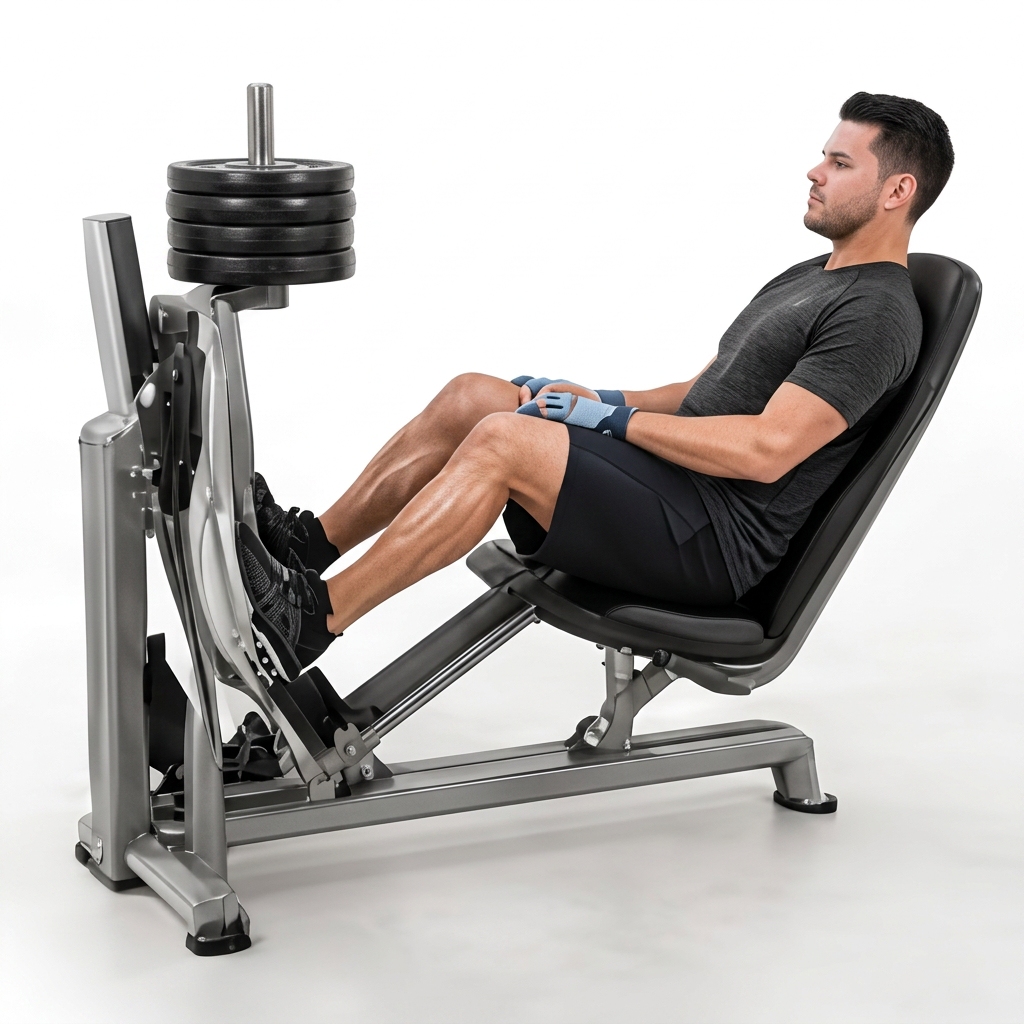A man performing calf raises on a leg press machine.