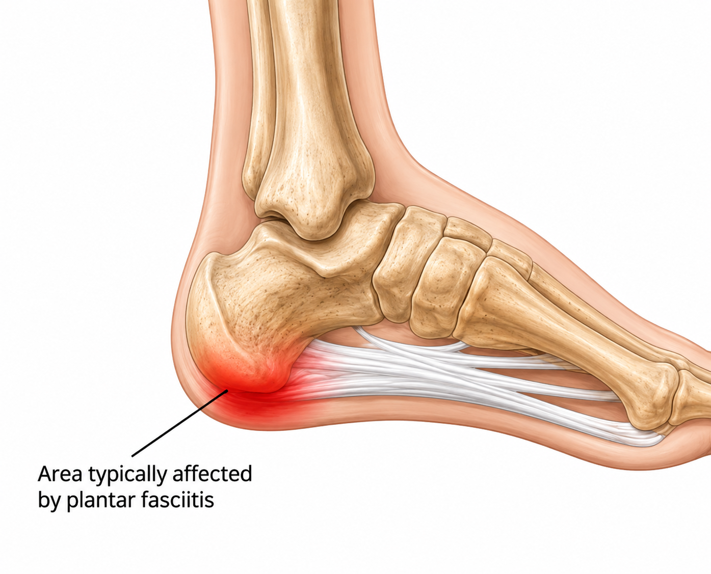 Medical illustration of the plantar fascia running from the heel bone to the toes, with the typical area of pain highlighted.