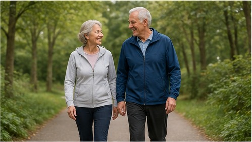 An older couple walking together along a tree-lined path several months after hip replacement surgery.