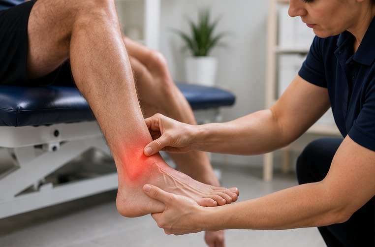 A physiotherapist examining a patient's painful ankle on a treatment couch.