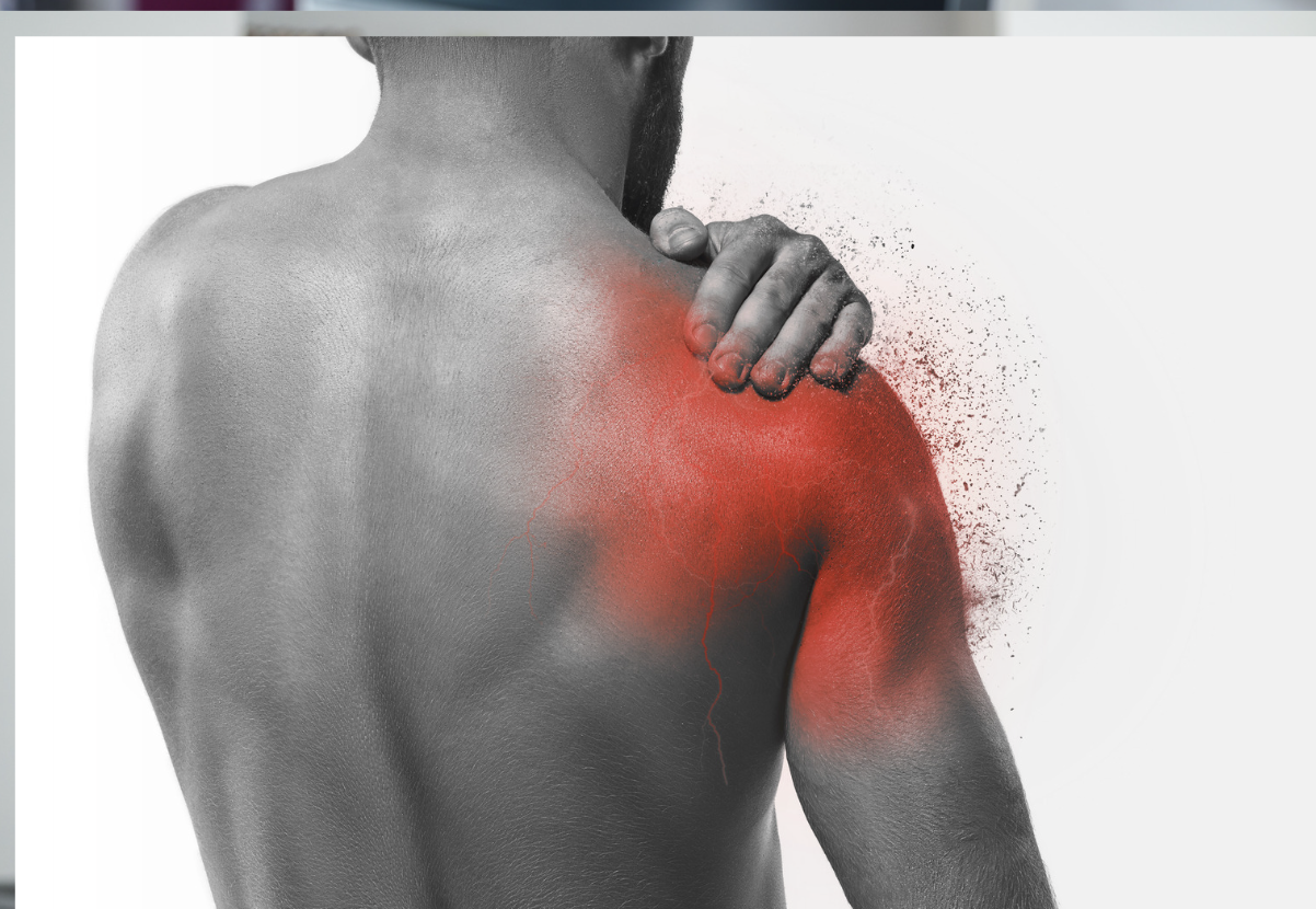 Back view of a man holding his shoulder, with the painful area highlighted in red.