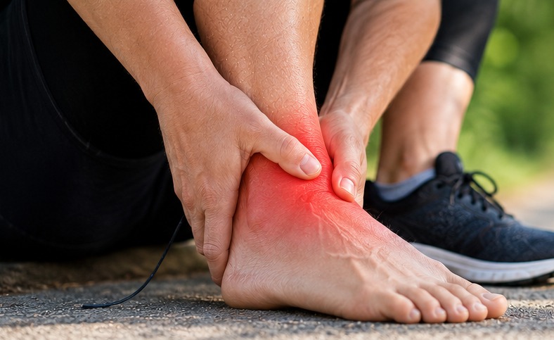 A person sitting on a path holding their ankle, with the outside of the ankle highlighted in red, illustrating an ankle sprain.