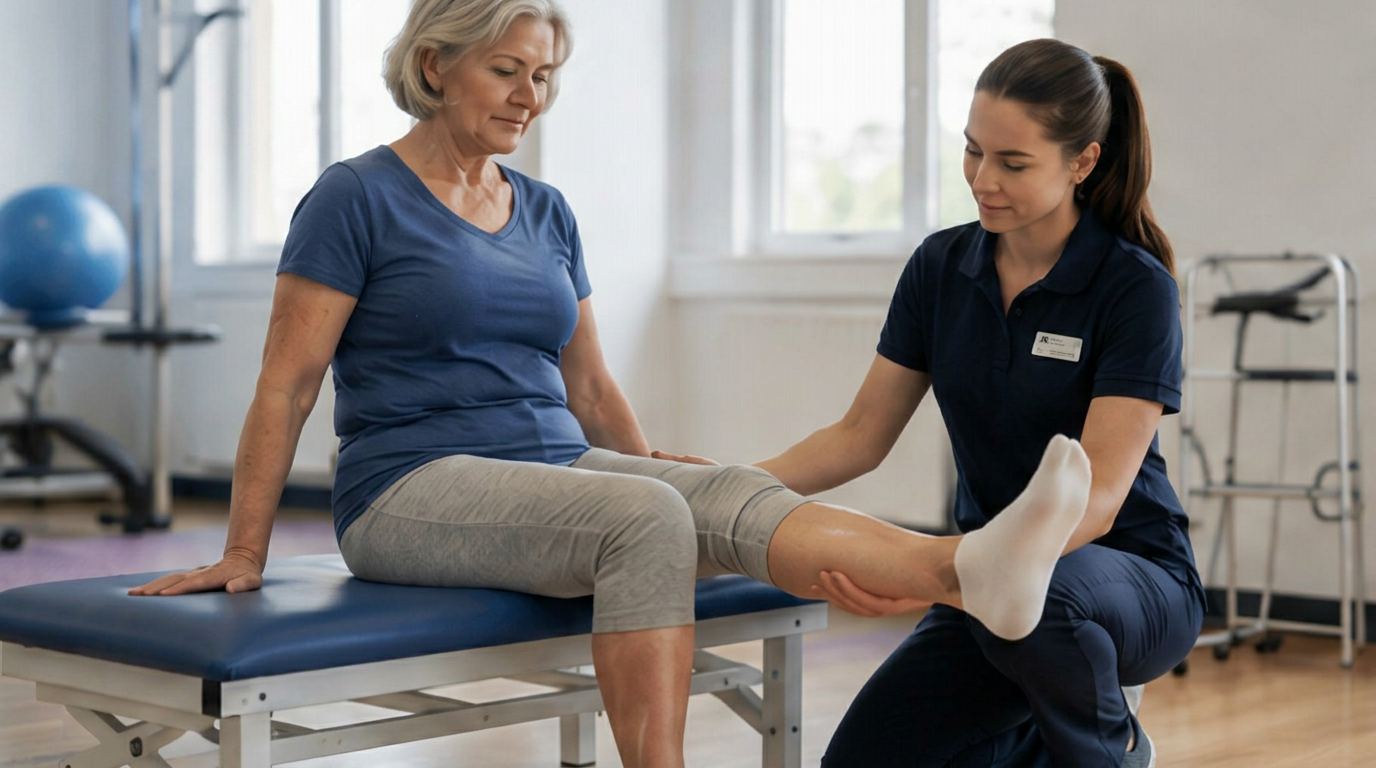 Physiotherapist guiding early knee rehabilitation.