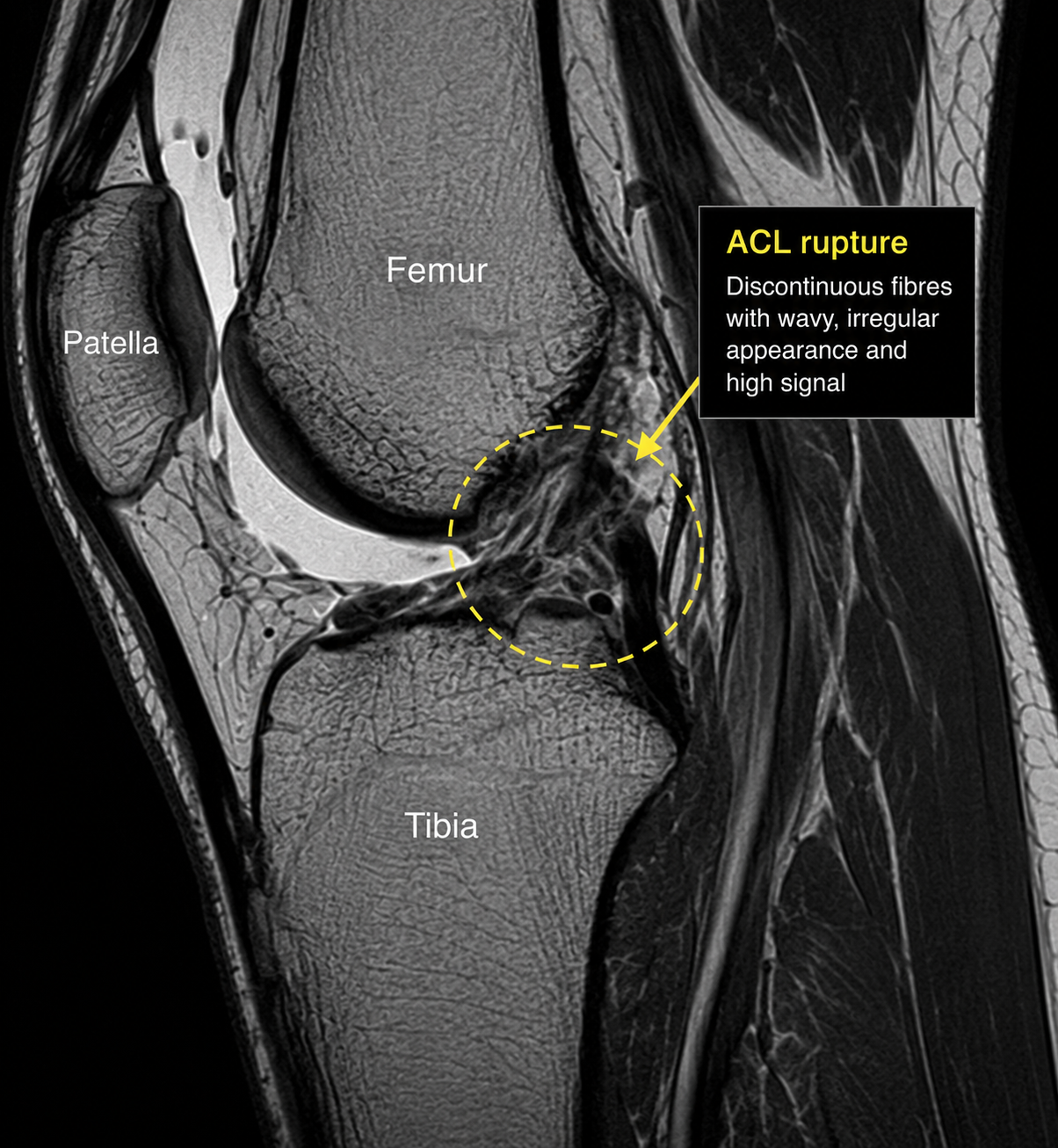 Sagittal MRI scan of a knee with the femur, torn ACL and tibia labelled.