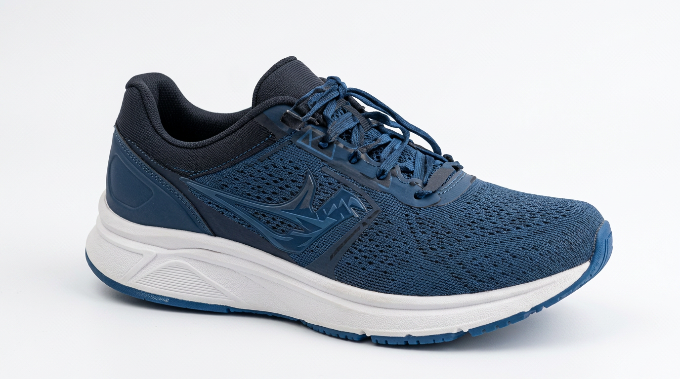 A cushioned running shoe with a supportive heel counter.