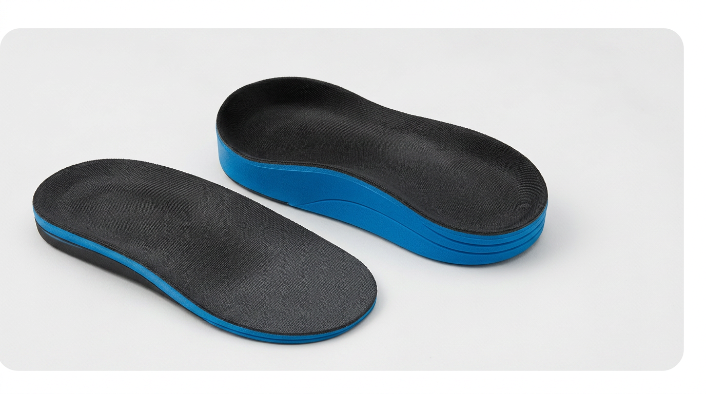 A pair of orthotic insoles with heel lifts.