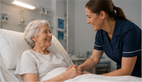 A nurse supporting an older woman sitting up in a hospital bed after surgery.