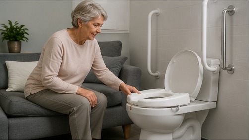 An older adult fitting a raised toilet seat in a bathroom with grab rails while preparing the home for recovery.