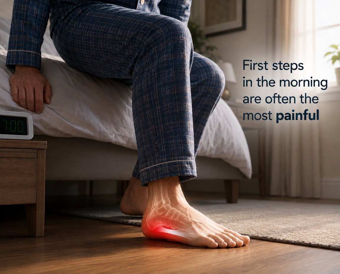 A man sitting on the edge of his bed in the morning with the heel of his foot highlighted in red, showing plantar fasciitis pain on the first steps of the day.