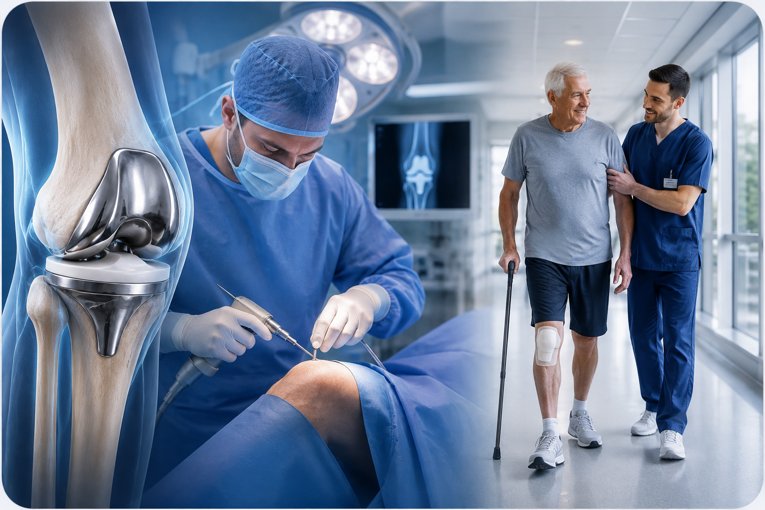 Knee replacement journey: implant model, surgeon performing knee replacement surgery, and a patient walking with a physiotherapist during recovery.