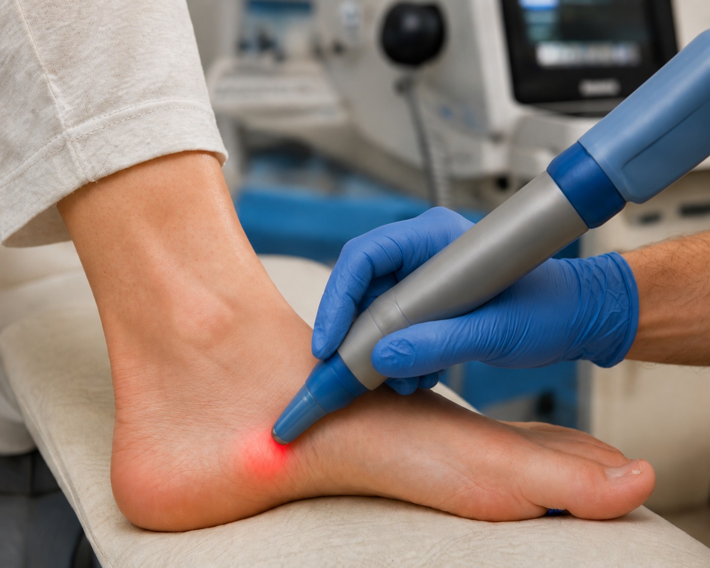 A clinician applying a shockwave therapy probe to a patient's heel.