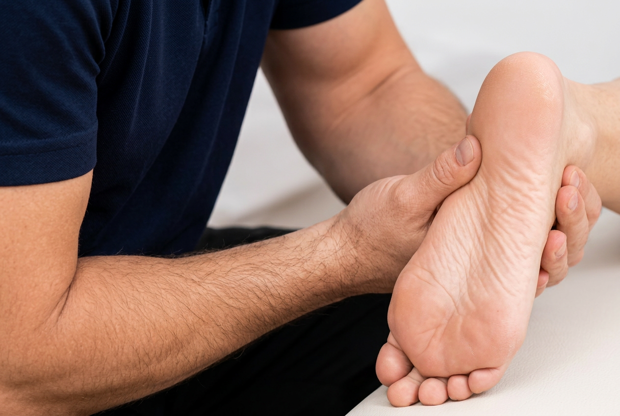 A clinician examining a patient's Achilles tendon by squeezing the back of the heel.