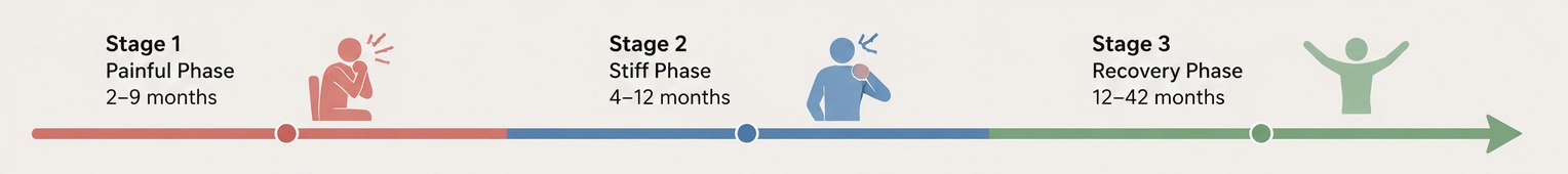 Timeline graphic showing the three stages of frozen shoulder: painful phase 2-9 months, stiff phase 4-12 months and recovery phase 12-42 months.