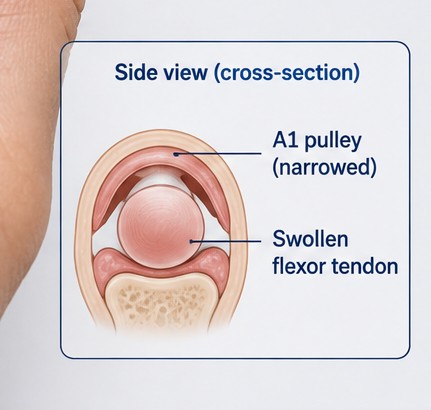 Cross-sectional illustration of a swollen flexor tendon sitting within a narrowed A1 pulley.