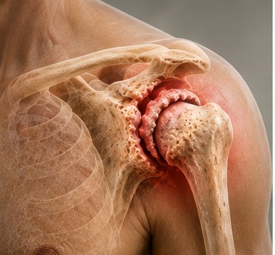 Anatomical illustration of an arthritic shoulder joint showing worn cartilage, bone spurs and inflammation highlighted in red.