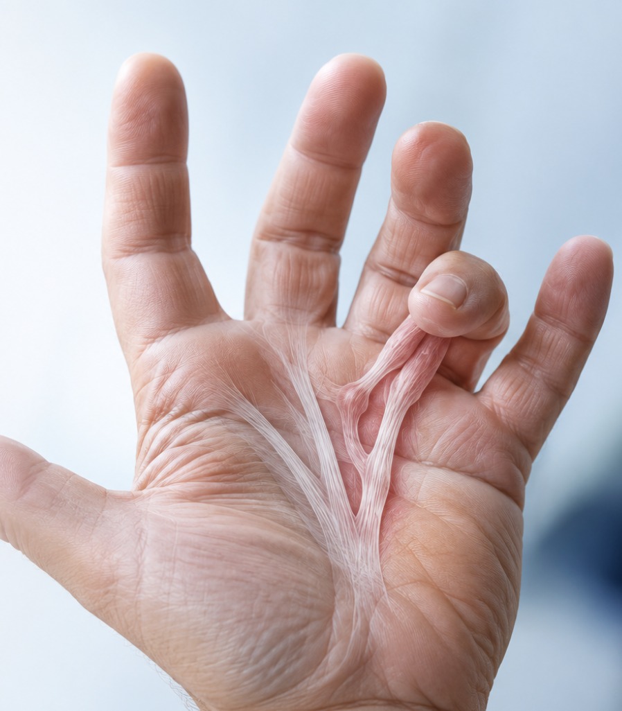Open palm showing thickened Dupuytren's cords pulling the ring and little fingers towards the palm.