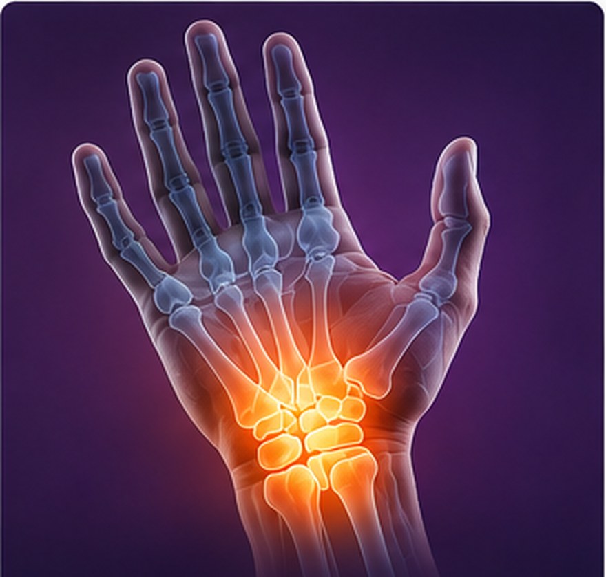 Anatomical illustration of the hand and wrist with the joint highlighted