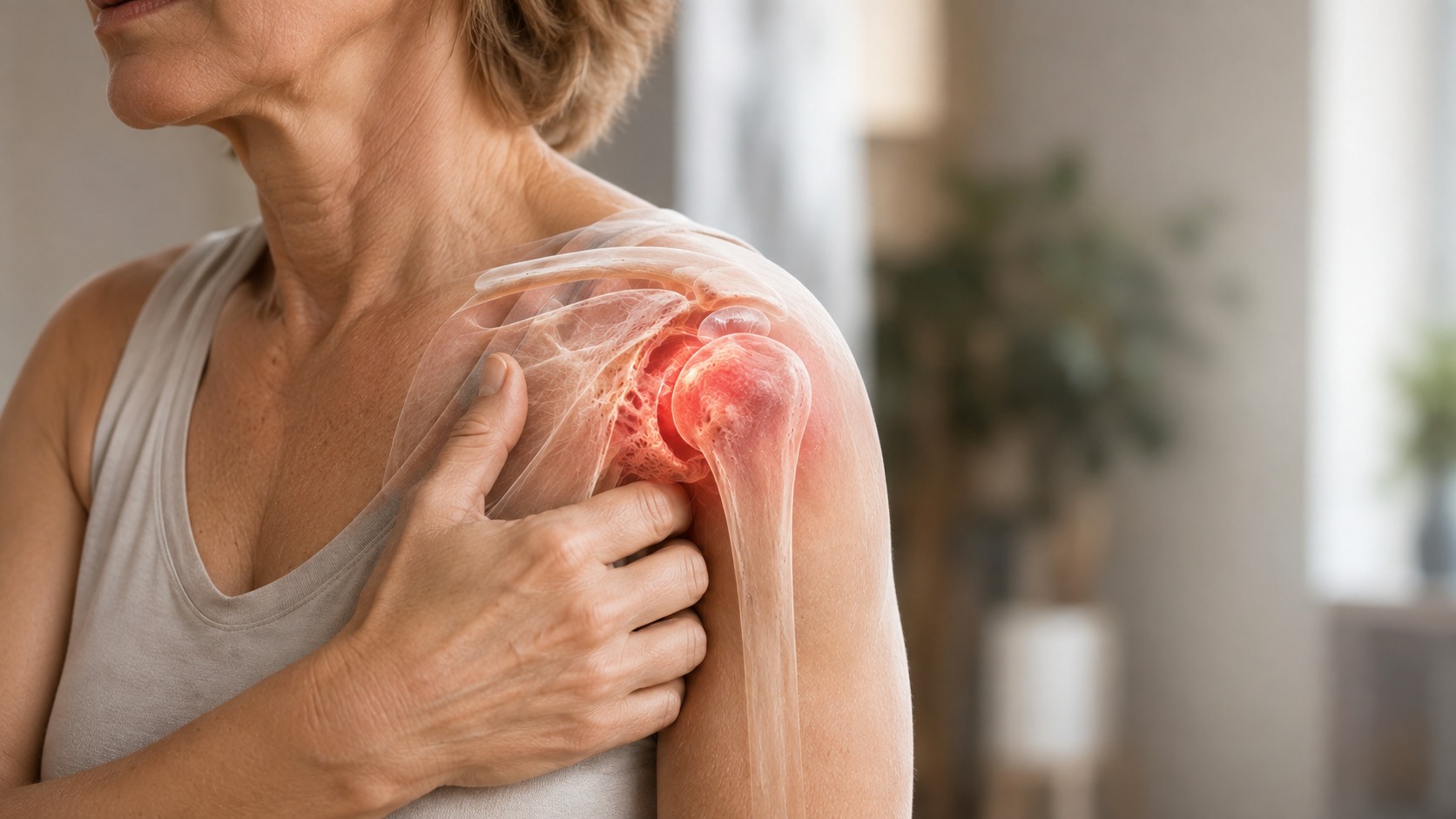 Anatomical overlay of a woman's shoulder with the inflamed joint capsule highlighted in red, illustrating frozen shoulder.