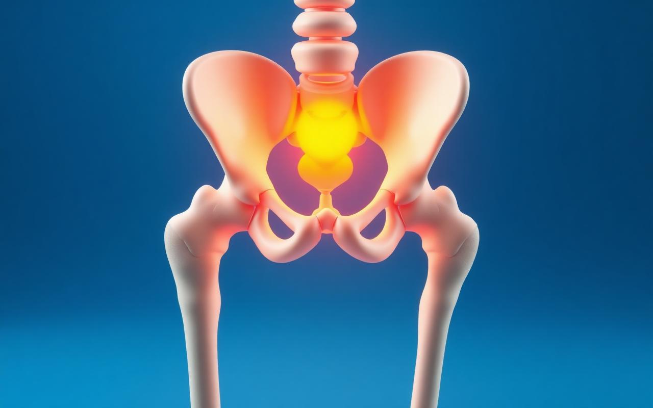 Anatomical model of the pelvis and hip joints with the hip highlighted