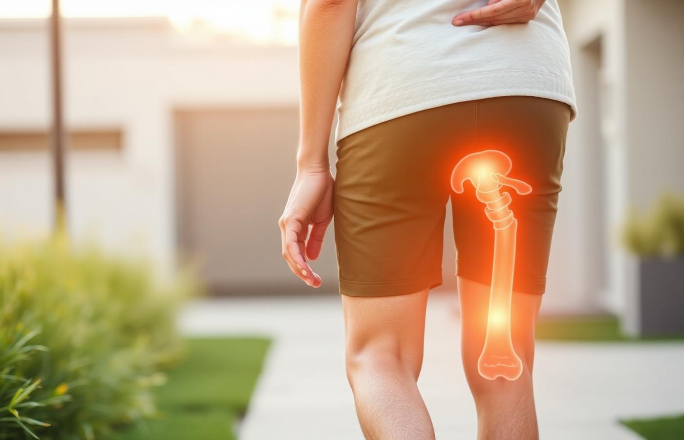 An older adult walking confidently with the hip and thigh bone highlighted.