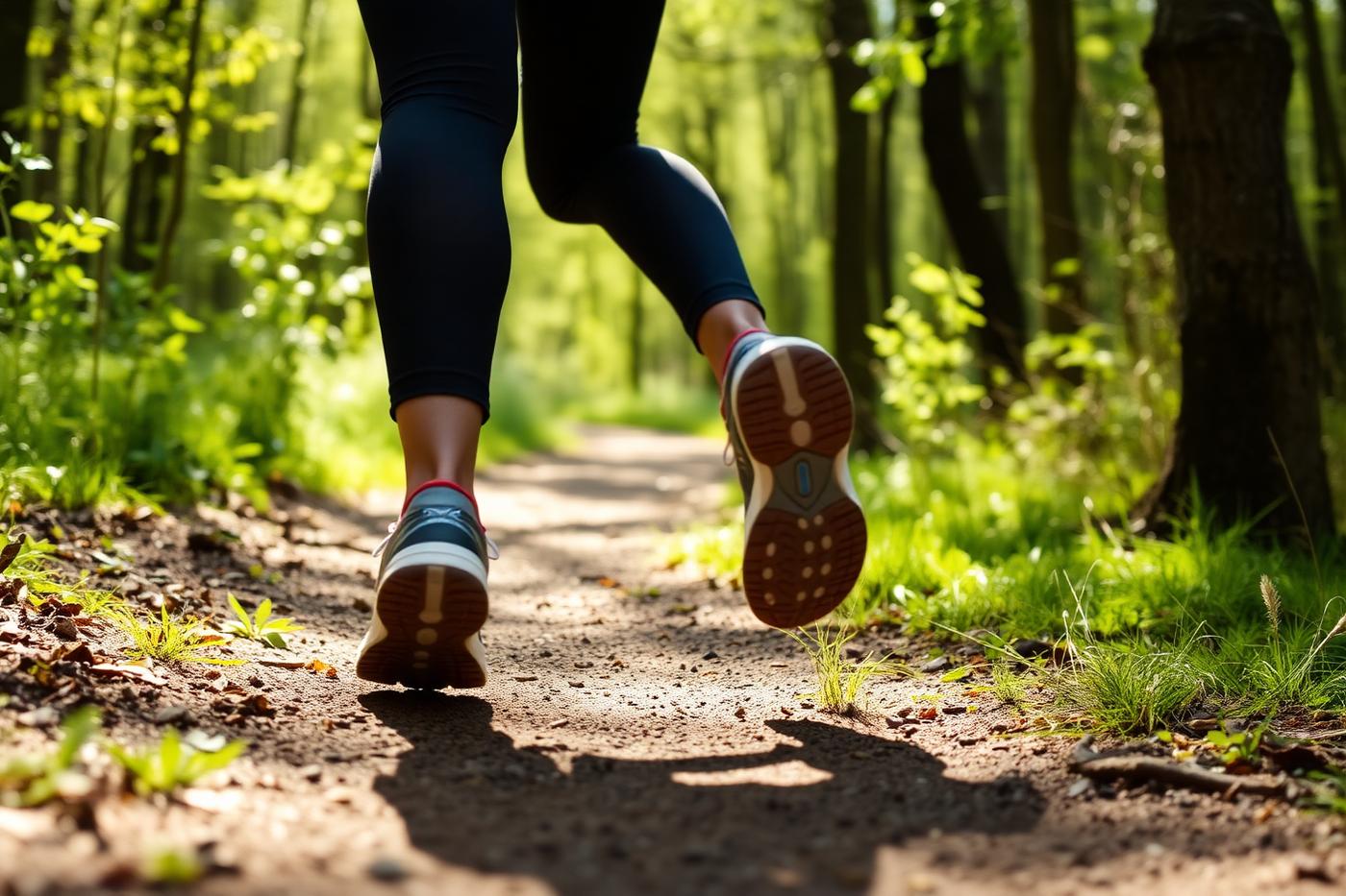 A person walking briskly along a woodland path in supportive trainers.