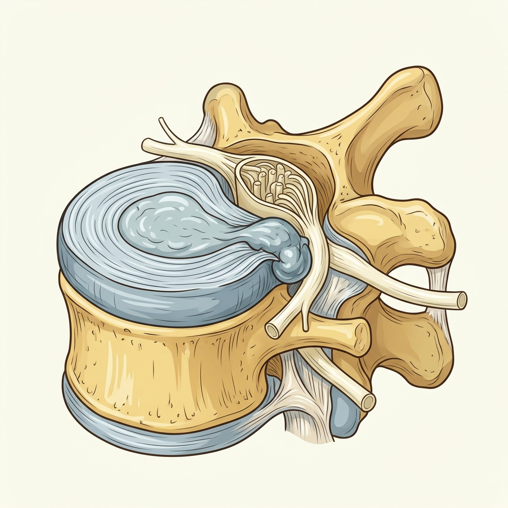 Cross-section illustration of a lumbar disc prolapse with herniated disc material compressing a nerve root.