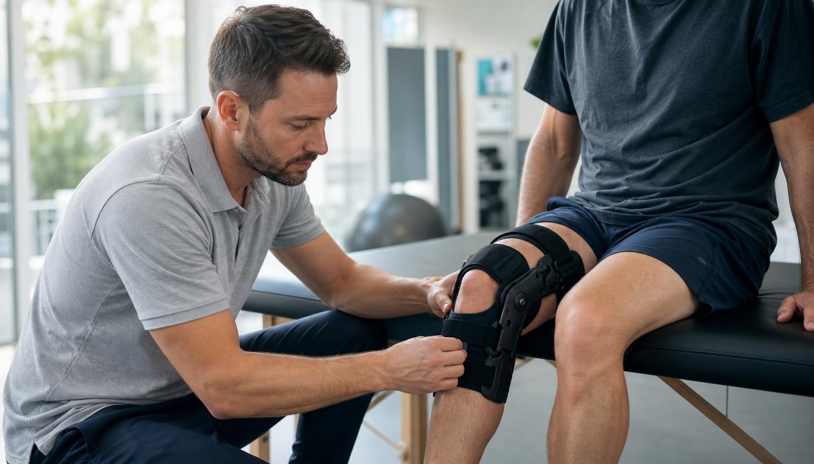 A physiotherapist adjusting the straps of a hinged knee brace fitted to a seated patient's knee in a clinic.