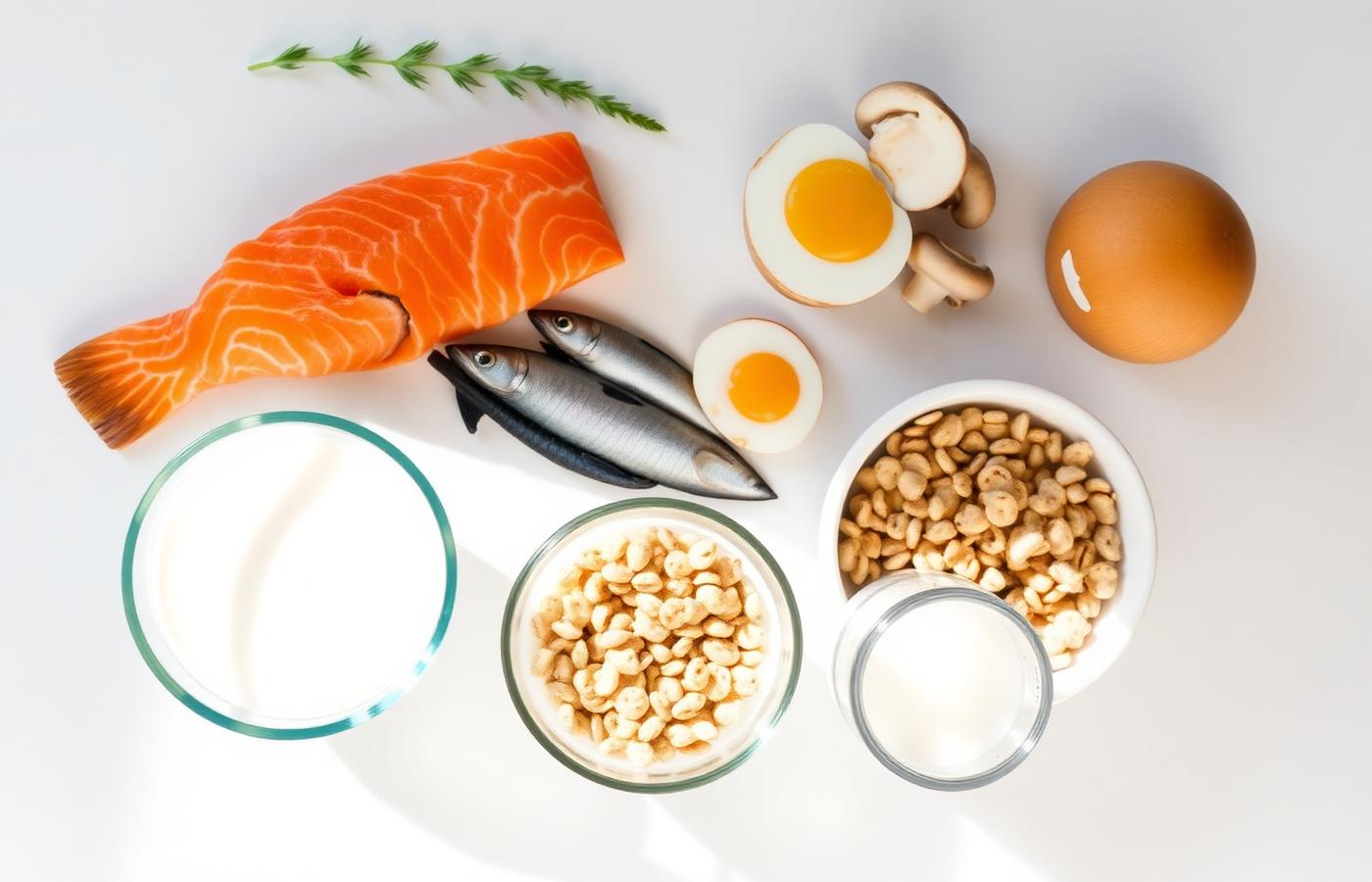 Foods containing vitamin D including oily fish, eggs, mushrooms and fortified products.