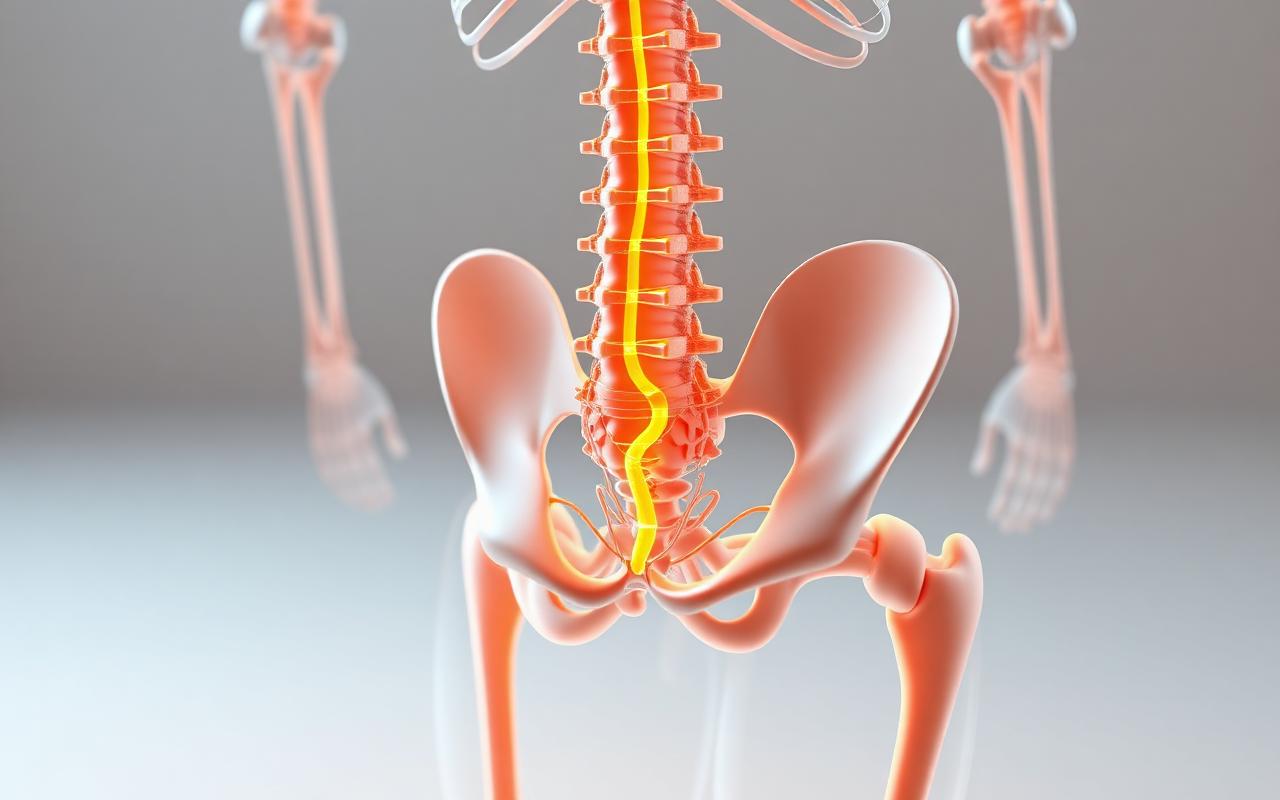 Anatomical model of the lower spine and pelvis with the sciatic nerve highlighted