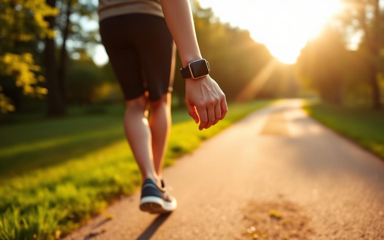A person walking on a park path wearing a smartwatch in golden light