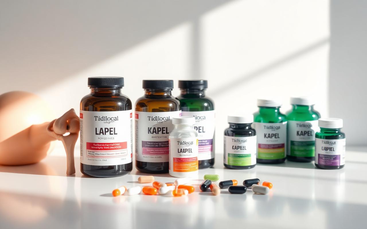 Supplement bottles and capsules beside an anatomical knee model