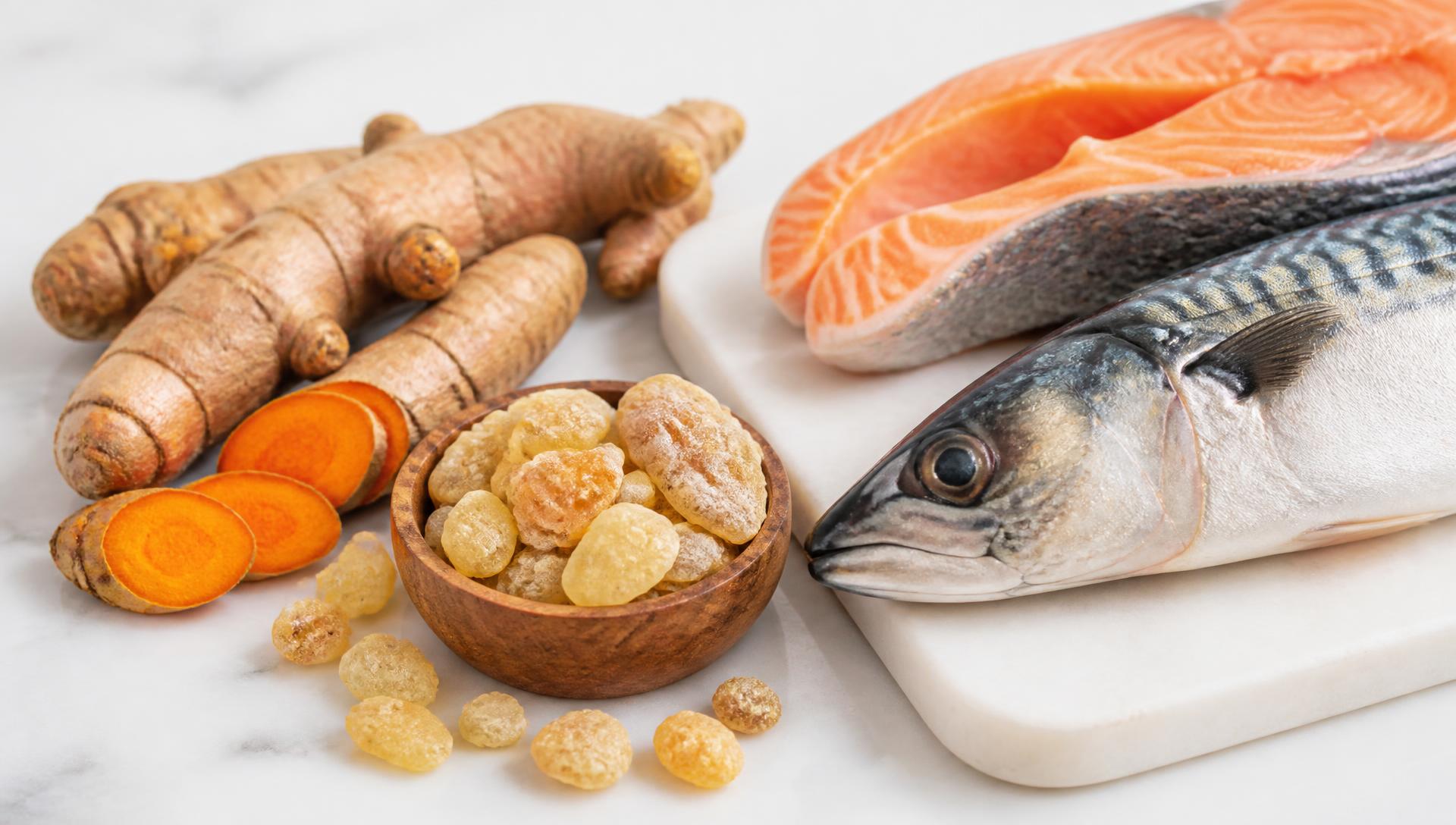 Turmeric root, omega-3-rich oily fish and Boswellia resin representing three commonly studied supplements for osteoarthritis.