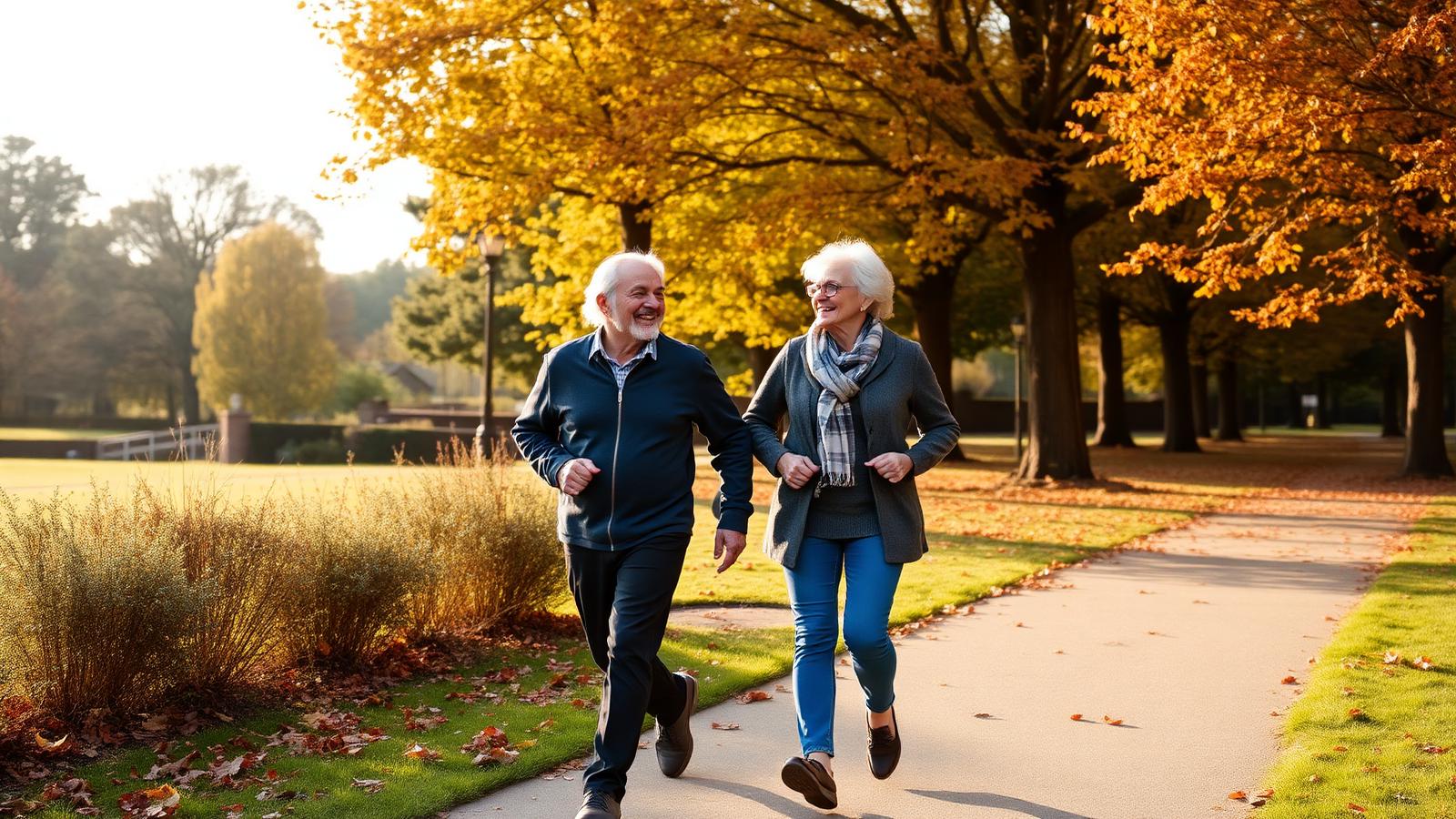 A couple enjoying a brisk walk together along a sunlit park path.