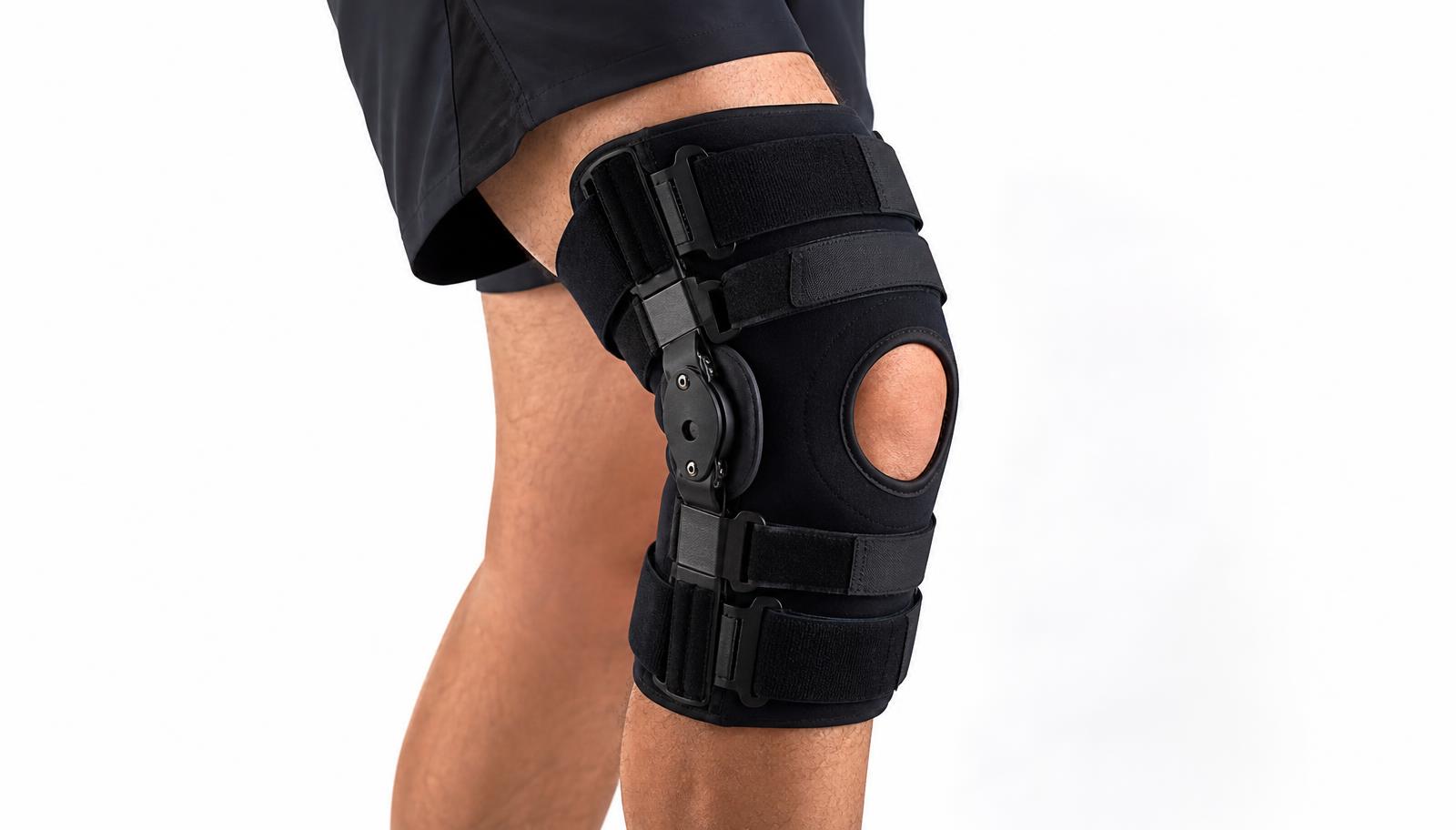 A person's knee wearing a black hinged knee brace with side hinges and straps.