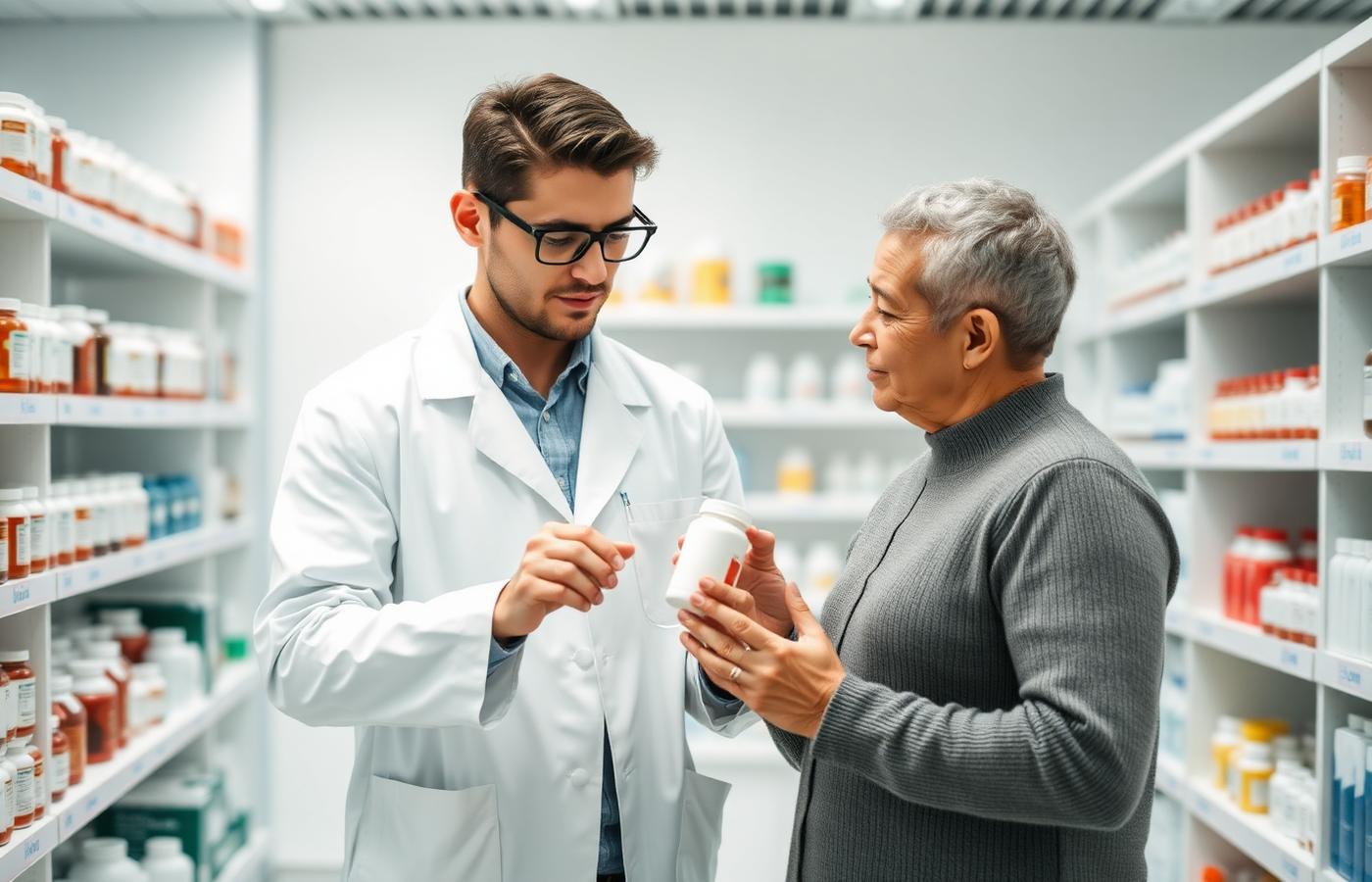 A pharmacist helping a patient choose the correct vitamin D supplement dose.