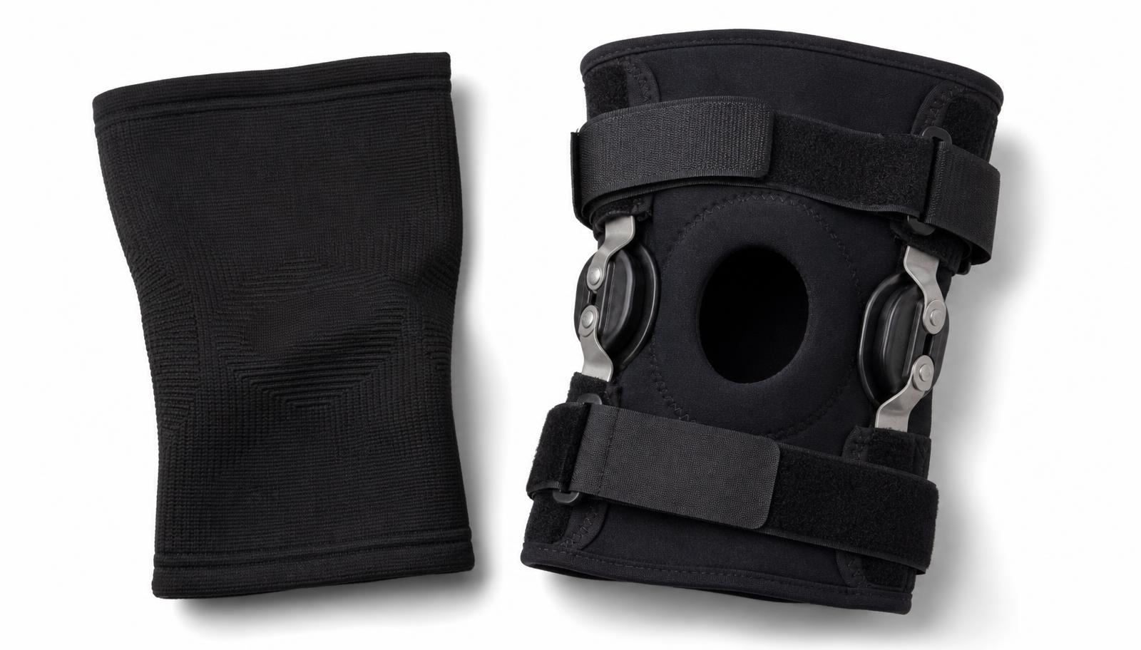 A plain elastic compression knee sleeve next to a neoprene hinged knee brace with metal side hinges and straps.